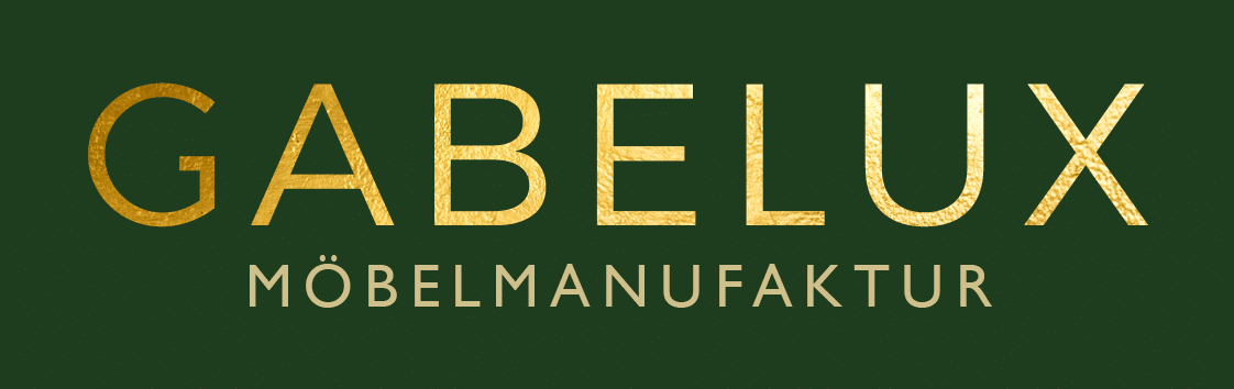 GABELUX Möbelmanufaktur logo in gold lettering on a dark green background.